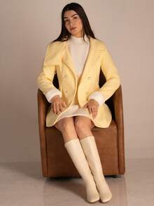 Andrea Bello Women's Asymmetric Collar Design With Fur Cuff, Cinched Waist Waist Elegant Overcoat For Daily Commute - Yellow - View 3