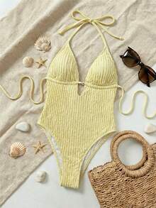Swim Mod 1 bộ áo tắm liền thân nữ màu trơn, chất liệu vải sần, kiểu cổ yếm, gợi cảm, thích hợp cho kỳ nghỉ. - Màu vàng - Xem 1