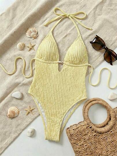 Swim Mod 1件装女士纯色纹理性感挂脖连体泳衣，度假款