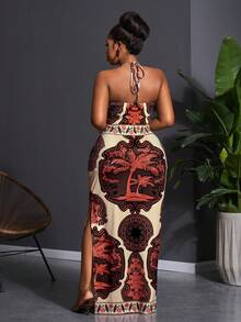 Slaydiva 2025 New Arrival Vacation Suitable For Spring & Summer, Orange Versatile Daily Casual All-Match Beach Halter Tie Waist Abstract Gradient Geometric Print High Slit One-Sided Slit Dress - Multicolor - View 2