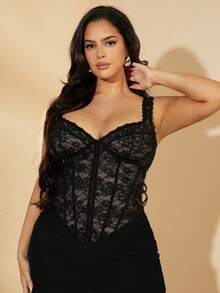 SHEIN BAE Plus Size Women Black Lace Camisole/Crop Top/Tight Tops/Tank Top/Summer Crop Tops/Corset Top/Rave Festival Outfits/Boho/Summer Clothes,Graduation