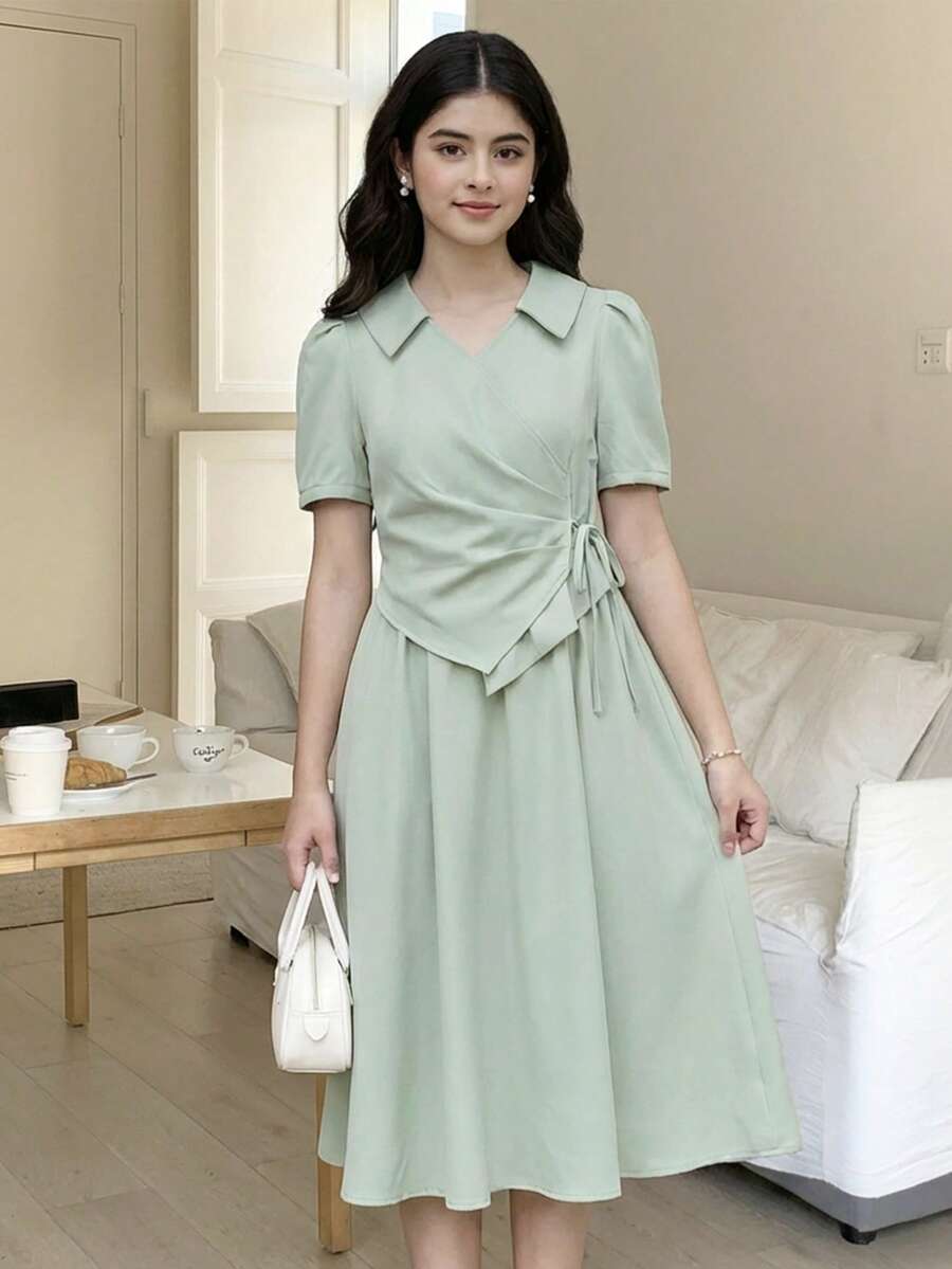 少女浅绿色梭织领褶皱蝴蝶结短袖休闲连衣裙 - 綠色 - 查看 1