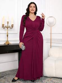 Modelyn Plus Size Women V-Neck Long Sleeve Pleated Elegant Dress Curve Dresses Burgundy Fall - Burgundy - View 5