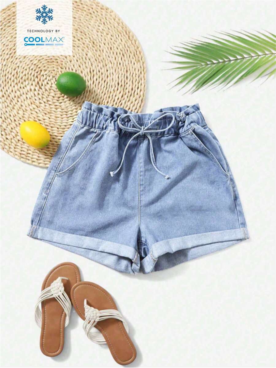 GlowEve Light Blue Paper Bag Waist Tie Cuffed Denim Shorts - Light Wash - View 1