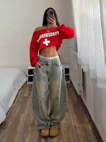 Women's Red Long Sleeve Oblique Shoulder Sweatshirt, StreetHxY2K Hot Girl Personalized Grunge Streetwear Punk Fitted Oblique Shoulder Off-Shoulder Long Sleeve Sweatshirt - Red - View 3
