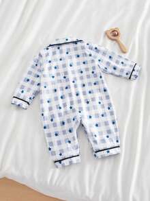 Newborn Baby Boy Vintage Kawaii Cute Plaid Heart Print Pocket Jumpsuit, Long Sleeve Pants, Casual Comfortable Sleepwear, Autumn Night Photoshoot White - Blue - View 2