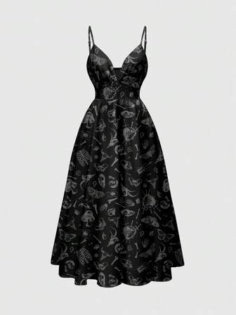 Goth Vestido sexy de mujer con tirantes finos y escote bajo con estampado todo sobre romántico, bosque, gótico, oscuro, misterioso, calavera, planta de jardín, seta