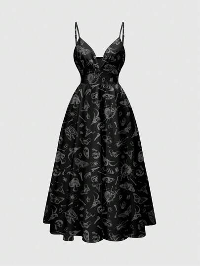 Romantic Woodland Gothic Dark Mysterious Skull, Garden Plant, Mushroom All-Over Print Spaghetti Strap Low-Cut Sexy Women Dress