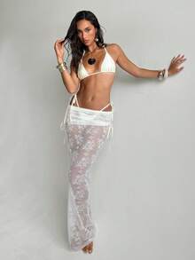 Aloruh 女士三件套比基尼套装，性感优雅浪漫杏色迷你三角罩杯挂脖上衣，迷你丁字裤下装，另配超长纱笼罩衫，适合度假、海滩、比基尼穿着。 - 米色 - 查看 6