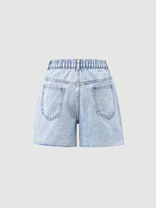 Tween Girl Heart Print Long Sleeve Top And Button Pocket Denim Shorts Casual Outfit - Light Wash - View 2