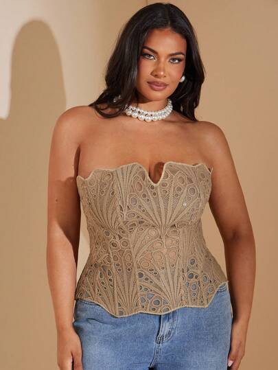 SHEIN BAE Plus  Size Autumn And Winter Khaki Textured Sheer Floral Lace Corset, Sexy Corset, Western Boho Top, Date Night, Rave Party, Night Out, Going Out, Versatile Corset, Corset Tops For Women, Y2k Tops Y2k,Valentine's Day,Valentine Outfits For Women