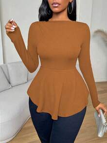 VaVaBold Áo thun nữ dài tay dáng ôm màu đen trơn, viền bèo nhún, thích hợp cho mùa thu. - Cà phê nâu - Xem 4