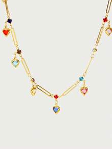 Glisma 女士项链（宝石颜色随机），高级/复古/优雅/性感/怀旧，适合妈妈/女士/女孩/母亲，夏季/海滩/舞会/派对，18K镀金，心形 - 金色 - 查看 2
