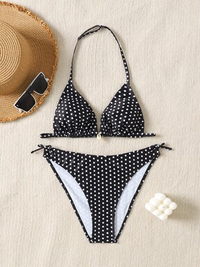 SHEIN Teen Girls 2026 Spring/Summer Vacation Black & White Polka Dot Swimsuit Set