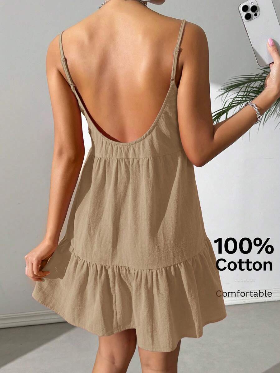 SHEIN EZwear Đầm hai dây hở lưng màu be dệt kim kiểu dáng thường ngày, thích hợp cho kỳ nghỉ xuân/hè, hàng mới về dành cho nữ. - Lạc đà - Xem 1