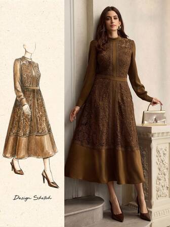 ZEYLAH Elegant festklänning i spets med lappmönster och mellanlång passform