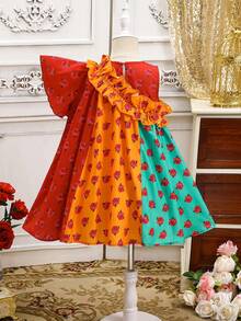 SHEIN Young Girl Floral Print Asymmetrical Ruffle Dress, Red Summer Matching Family Vacation Holiday Islamic Gift, Young Girls Casual Modest Jalabiya - Red - View 10