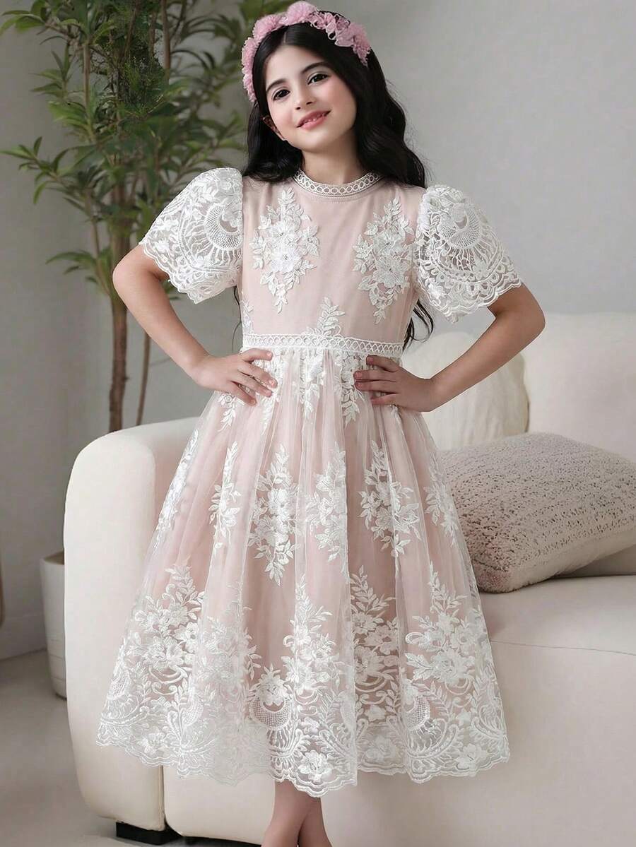 Vintaside Kids Đầm ngắn tay cổ tròn thời trang và sành điệu cho bé gái, thích hợp cho mùa xuân và mùa hè, phù hợp cho các bữa tiệc, sinh nhật hoặc các buổi biểu diễn ở trường. - Màu be - Xem 1