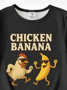 1set Tween Boys Cartoon Chick & Banana Print Knit Snug Fit Short Sleeve Top And Pants Pajama Set - Black - View 3