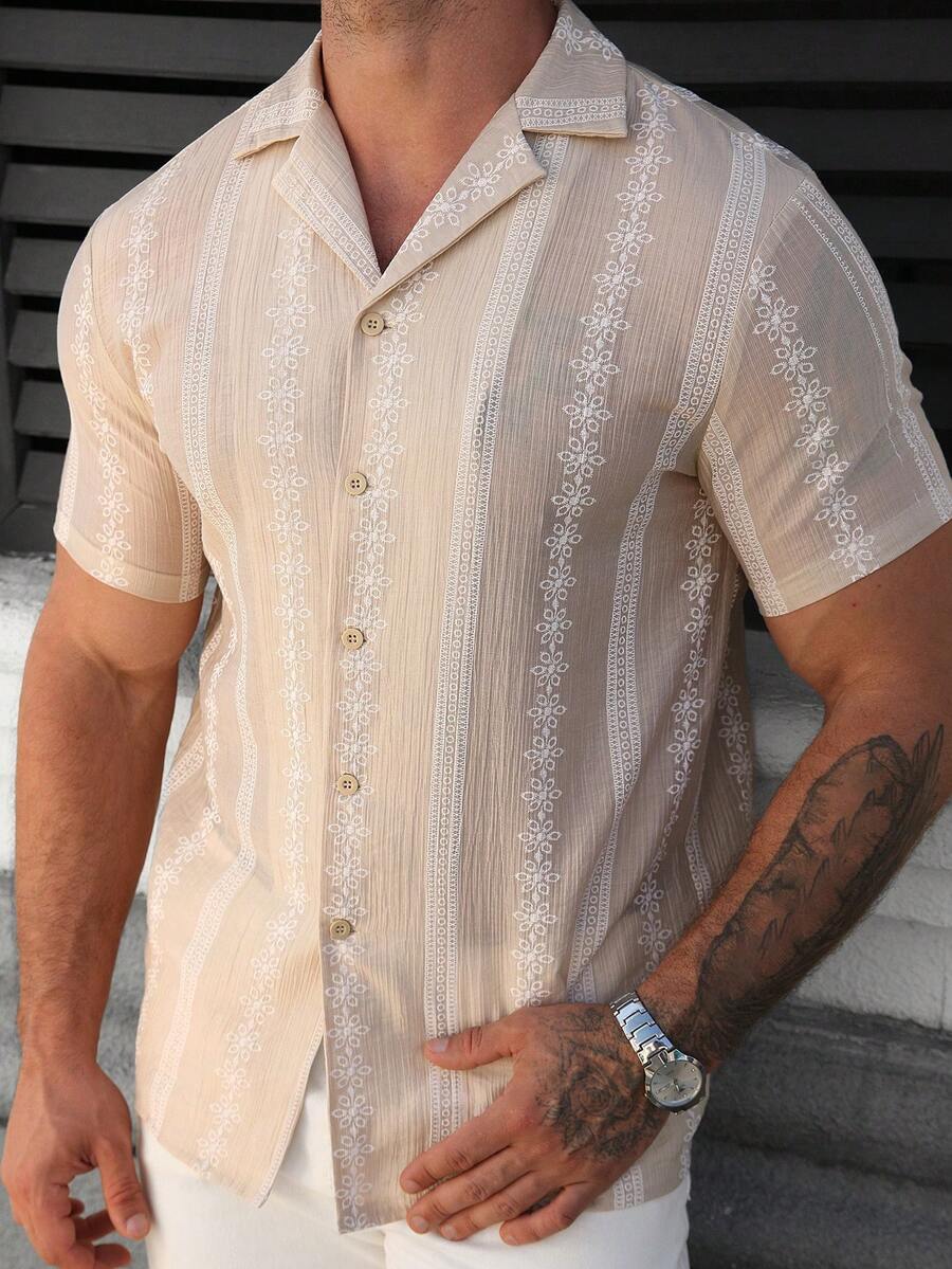 VENTUSAIL 男士舒适天丝印花翻领短袖衬衫，休闲百搭，适合度假、居家聚会、办公室派对等场合，可作为礼物或自用，经典畅销领衬衫 - 卡其色 - 查看 1