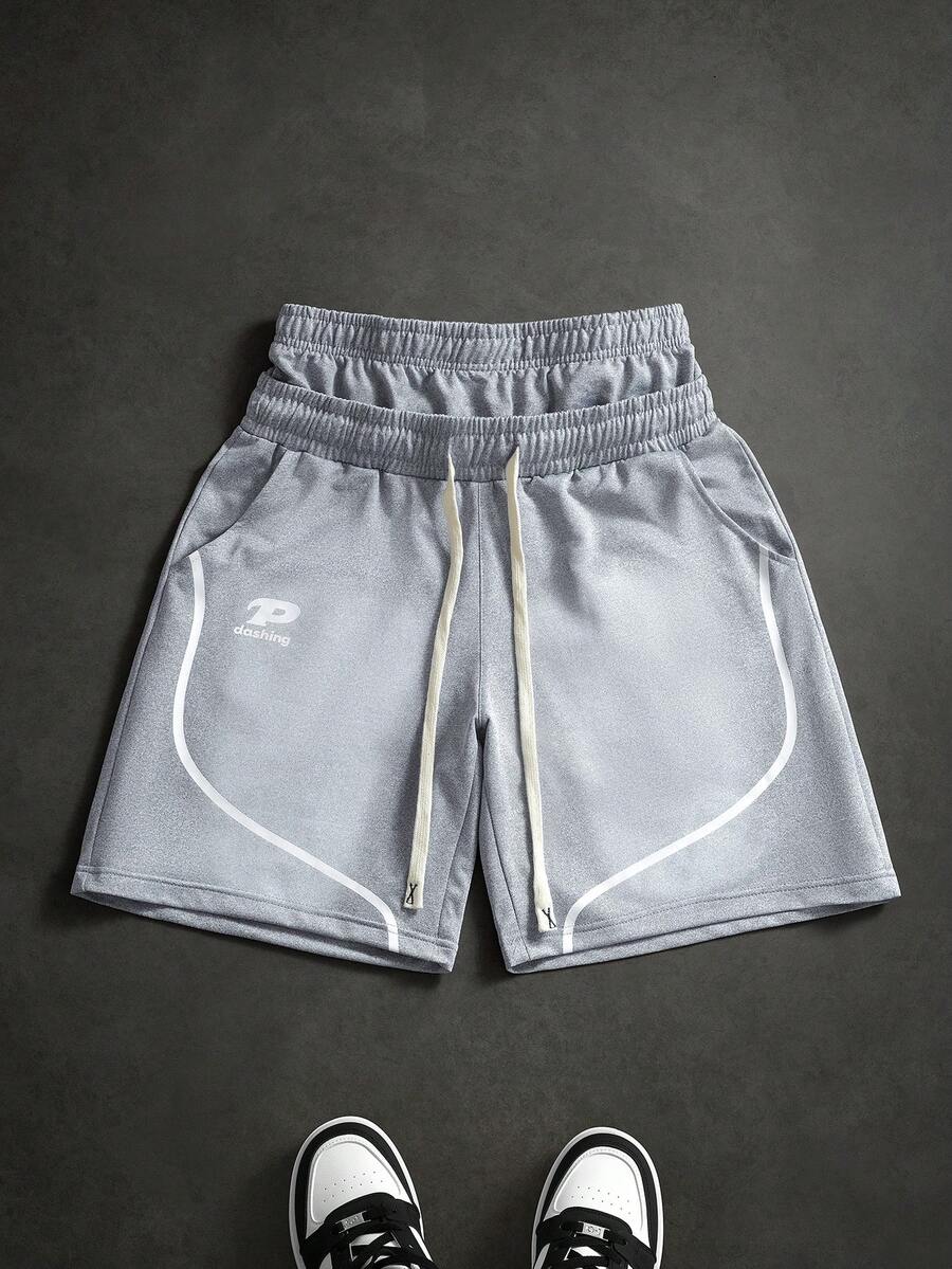 PAVTROS 男士休闲字母印花抽绳腰短裤，夏季 - 灰色 - 查看 1