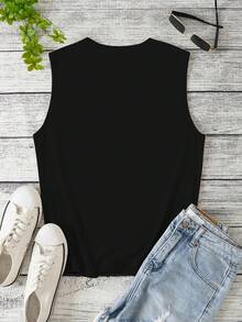 EMERY ROSE Nueva camiseta de tirantes casual con cuello redondo y estampado de corazón metálico para mujer - Negro - Ver 3