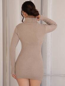 Andrea Bello High Neck Long Sleeve Fitted Rib Knit Mini Sweater Dress Classy Sexy Streetwear Fall Autumn Night Out Winter Christmas Party Evening Party Elegant New Year Thanksgiving - Light Grey - View 3