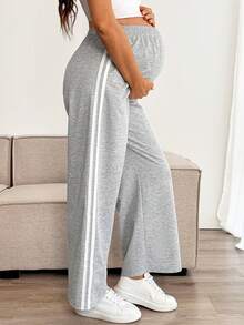 SHEIN 孕妇侧条纹印花松紧腰休闲裤 - 灰色 - 查看 4