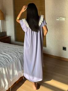 DAZY Midi Length Women's Nightgown With Contrast Color Embroidery And Ruffle Trim - Purple - View 2