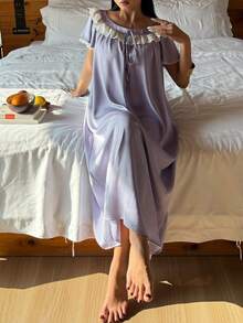 DAZY Midi Length Women's Nightgown With Contrast Color Embroidery And Ruffle Trim - Purple - View 4