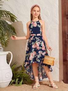 SHEIN Serisse Kids Tween Girl Floral Print Sleeveless Asymmetric Hem Dress - Multicolor - View 4