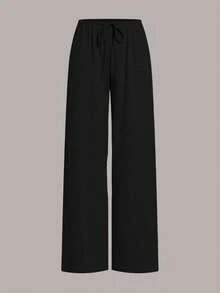 SHEIN EZwear 两色可选 女士休闲纯色阔腿针织裤 - 黑與白 - 查看 7