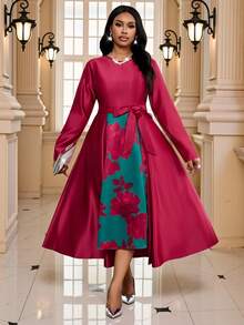 Fleurora 大码女士优雅印花系带伞裙 - 紅色 - 查看 3