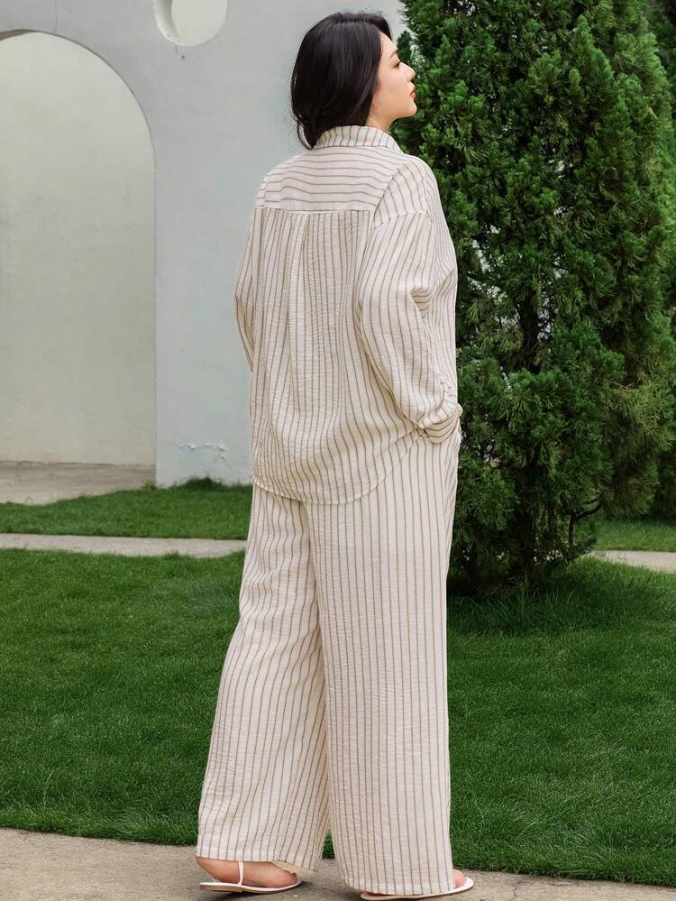 Dazy Plus Fashionable Casual Striped Loose Shirt Top And Wide Leg Pants Two Pieces Set, Plus Size, Vacation Style Lounge Sets For Women