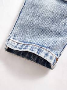 SHEIN Playful Pals Baby Boys' Washed Denim Pleated Straight Leg Casual Pants With Side Accordion Pockets - Medium Wash - View 3
