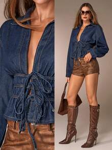 Avantive Blå denimtopp med axelband, nyårsfesttopp för kvinnor, eleganta damblusar, casual, alla hjärtans dag - Mörktvätt - Visa 3