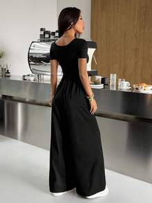 SHEIN EZwear 女士黑色针织V领休闲短袖连体裤 - 黑色 - 查看 2