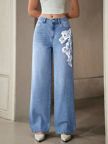 Selenza Women's Graphic Print Slant Pocket Casual Versatile Jeans Wide Leg Jeans Woman Jeans With Designs Flower Jeans Cowboy Pants For Women Cowgirl Jeans - Blue - View 8