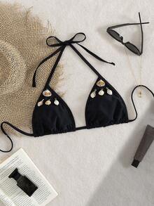 Swim SXY Damen Neuer sexy einfarbiger Bikini-Top mit Halter-Bindedetail und offenem Rücken, mit Muschel- und Schnecken-Dekor, Strandurlaub - Schwarz - Übersicht 2