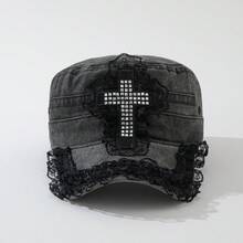 ROMWE Anime 1 Ladies Cross L Lace Flat Top Cap Outdoor Adjustable Baseball Cap - Black - View 2