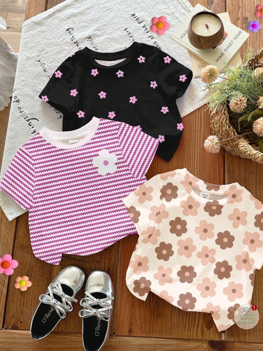 SHEIN LMoss Kids 3件套可爱花卉系列奶油白、粉色条纹、黑色圆领短袖基础款T恤,适合日常、居家、度假、搭配,轻松舒适,可叠穿,时尚女孩,休闲装,儿童花卉图案服装,别致秋季,时尚冬季,新款,清凉舒适 - 彩色 - 查看 1