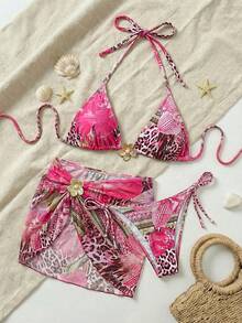 Swim Vcay 女士花卉印花金属装饰挂脖比基尼套装，带打结裙摆 - 彩色 - 查看 4