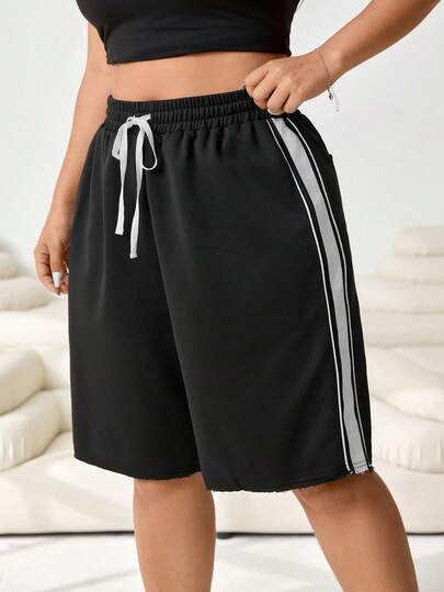 Solflare Pantalones cortos casuales nuevos para primavera/verano, adecuados para salidas, uso diario, fiestas, festivales de música, vuelta al colegio, vacaciones, Año Nuevo, hogar, ropa urbana, deportes, uso en múltiples ocasiones, se pueden usar como prenda exterior o para capas, cintura elástica, franja de contraste lateral, longitud hasta mitad del muslo, 5 pulgadas de entrepierna, tela de sudadera, negro, tallas grandes