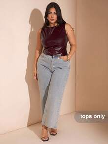 SHEIN BAE Camiseta de tirantes de mujer de verano de cuero sintético PU plisado y ajustado - Burdeos - Ver 1