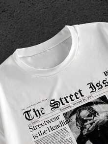 Manfinity VCAY Men's White Summer Streetwear Vintage Newspaper Graphic Print T-Shirt,Casual Boxy Tee For City Break Commute Street Style Graphic Tee Top - White - View 4