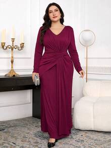 Modelyn Plus Size Women V-Neck Long Sleeve Pleated Elegant Dress Curve Dresses Burgundy Fall - Burgundy - View 4