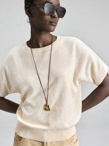 Ontre Damski, miękki i luźny sweter z mieszanki wełny, z krótkim rękawem, uniwersalny na miejskie dojazdy, na co dzień, do biura, na święta i Nowy Rok, podstawowy top - Beżowy - Zobacz 1