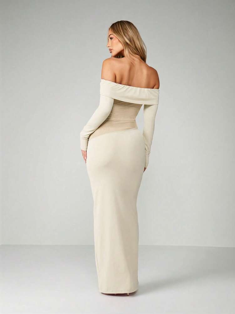 MISSGUIDED Off Shoulder Bardot Maxi Dress With Mesh Insert Long Sleeve Formal Evening Bodycon Party Dress