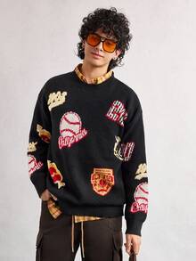 Open Phase 男士休闲宽松套头毛衣，饰有网球、英文字母、心碎、数字图案，复古街头风，秋冬款，长袖上衣 - 黑色 - 查看 1