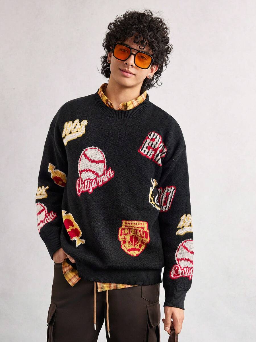 Open Phase 男士休闲宽松套头毛衣，饰有网球、英文字母、心碎、数字图案，复古街头风，秋冬款，长袖上衣 - 黑色 - 查看 1